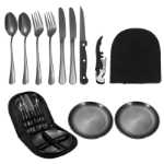 크로스 보더 야외 스테인레스 스틸 칼 나이프, 포크, 스푼 및 접시 서양 휴대용 식기 조리기구 캠핑 여행 식기 세트의 그림