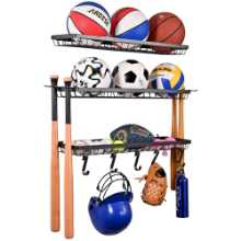 스포츠 장비 보관 랙, 벽걸이 형 차고 공 보관 랙, 후크가있는 농구 축구 배구 보관 랙의 그림