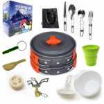 캠핑 냄비와 팬 미니 스토브 18 개 세트 캠핑 스토브 조리기구 백패커 경량 냄비 및 팬 야외 캠핑 조리기구 세트의 그림