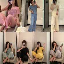 실크 반팔 와이드 레그 팬츠 캐주얼 여성 패션 잠옷 홈웨어의 그림