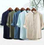 린넨 남성 빈티지 남성 7 분 소매 셔츠의 그림