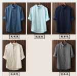 린넨 남성 빈티지 남성 7 분 소매 셔츠의 그림