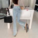 실제 ~ 마이크로 플레어 청바지 여성 가을 하이 웨이스트 탄성 얇은 슬림 힙 리프팅 팬츠 레트로 아메리칸 스타일의 그림