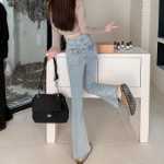 실제 ~ 마이크로 플레어 청바지 여성 가을 하이 웨이스트 탄성 얇은 슬림 힙 리프팅 팬츠 레트로 아메리칸 스타일의 그림