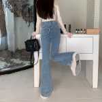 실제 ~ 마이크로 플레어 팬츠 말굽 바지 여성 하이 웨이스트 타이트 얇은 복고풍 탄성 러브 포켓 청바지의 그림