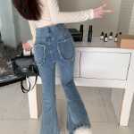 실제 ~ 마이크로 플레어 팬츠 말굽 바지 여성 하이 웨이스트 타이트 얇은 복고풍 탄성 러브 포켓 청바지의 그림